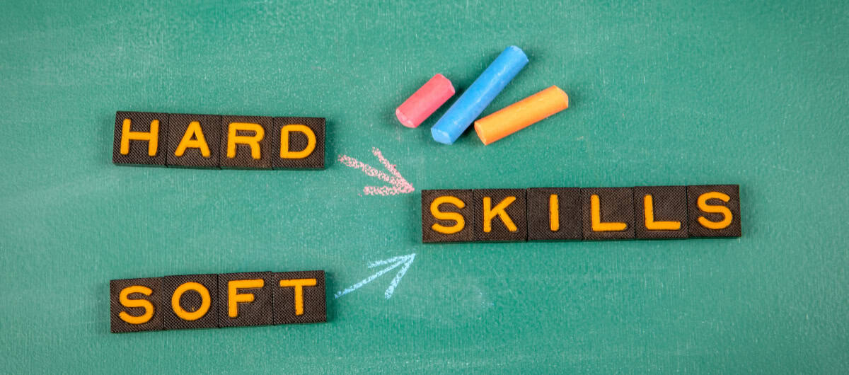 Ten skills every new manager needs to learn Management skills - image showing hard and soft skills concept using letter tiles on a green chalkboard.